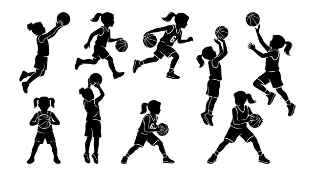 Girls play basketball, Black silhouettes show dribbling shooting and jumping with energetic motion.