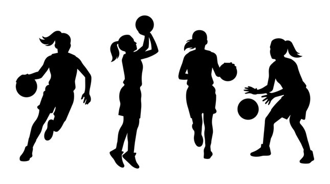 Female basketball players dribbling and shooting silhouette
