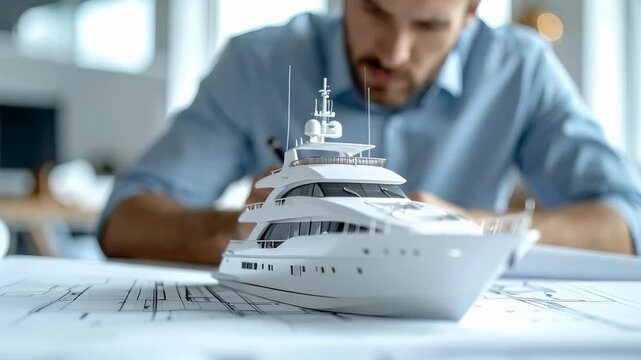 Designer working on yacht model at desk with tools representing marine engineering and product design