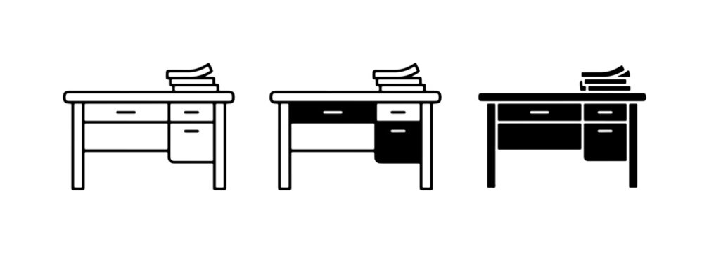 Office Desk Icons, Minimalist Furniture Vector Set, Study Table Illustrations