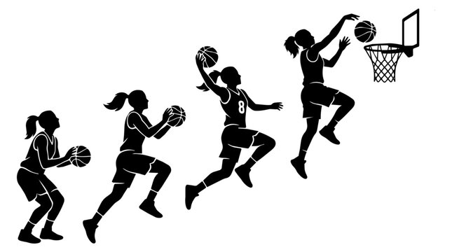 Female basketball player performs a layup Silhouette sequence. Step to do a layup.