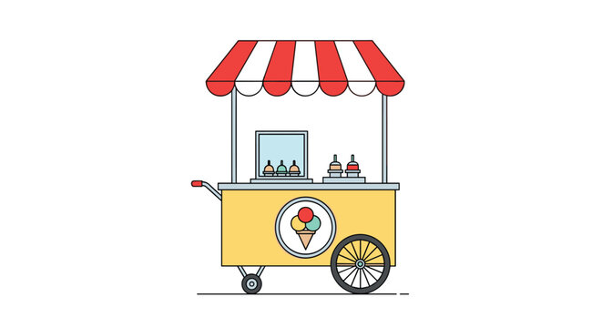 Vintage style street food cart for selling ice cream with a red and white striped awning and colorful design.
