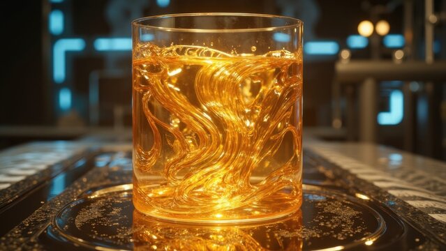 A clear glass filled with golden-colored liquid, likely whiskey or another type of liquor. A dragon-like design is etched into the ice cube holding the drink.