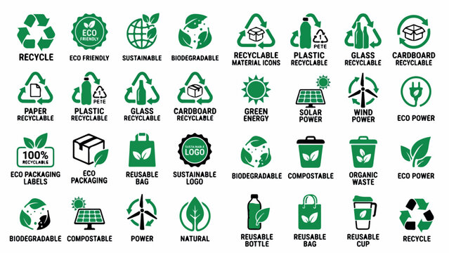 Green recycling icons set, 32 sustainable eco packaging labels, biodegradable and compostable material symbols, renewable energy and waste management vector isolated PNG with Transparent