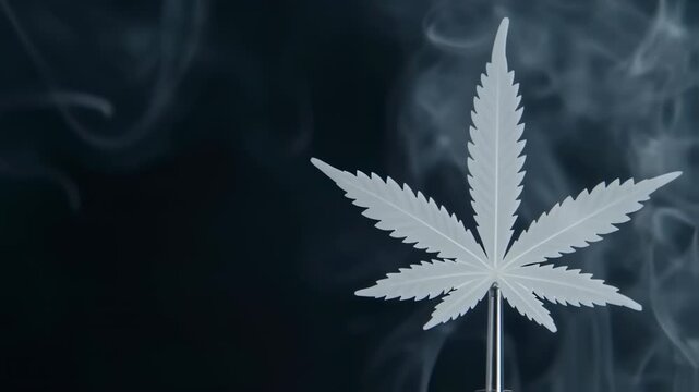 A stylized cannabis leaf against a backdrop of smoke