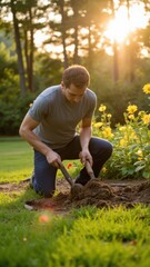 Fototapeta premium A man in a garden, digging with a shovel to plant new vegetables. The scene is set at dusk under the warm glow of a sunset.