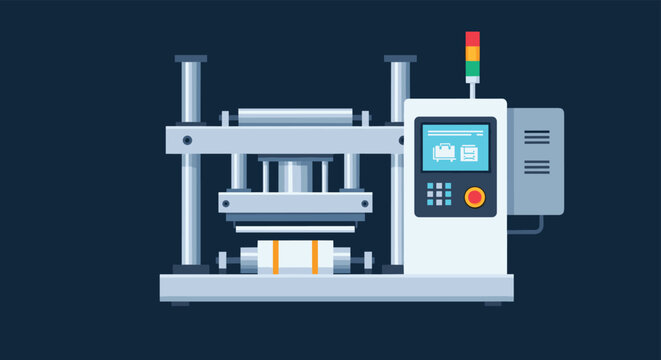 Industrial machine for manufacturing and production with a digital control panel and safety indicator light.