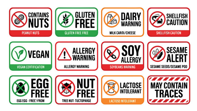 Food allergy warning labels, 12 dietary restriction icons for packaging, gluten free and vegan certification stickers, allergen alert vector set isolated PNG with Transparent Background