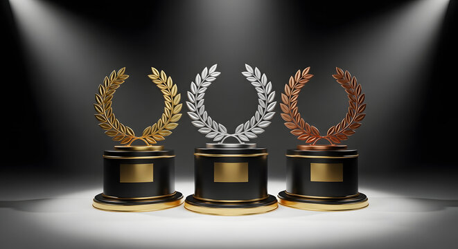 Three metal trophies with laurel wreaths on black bases