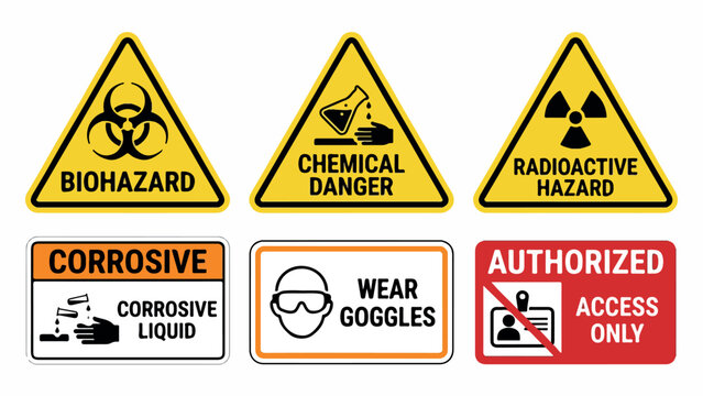 Industrial safety warning signs set, biohazard and chemical danger labels, radioactive hazard and corrosive liquid icons, laboratory security vector collection isolated PNG with Transparent