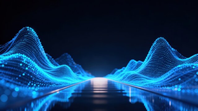 Blue digital wave patterns on reflective surface
