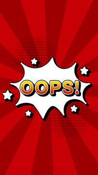 Oops text word lettering popup comic cartoon reveal with bomb and smoke explosion manga anime book page dots radial speed lines doodle red background seamless loop vertical animation retro