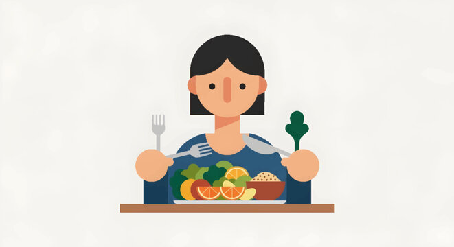 Flat illustration of a person eating a healthy meal with fruits, vegetables, and grains, symbolizing healthy eating and lifestyle.