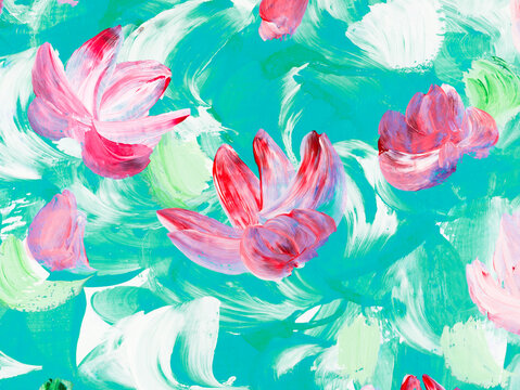 Abstract pink  flowers, art painting, creative hand painted background, brush texture