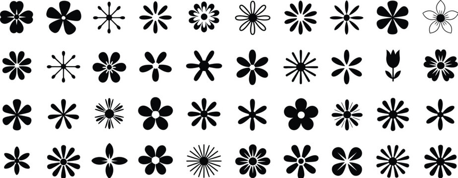 Flower Shape Vector Illustration Set Featuring Floral Icons, Silhouette Flowers, Symmetrical Patterns, Lotus, Petals and Abstract Blossoms for Nature Design Elements