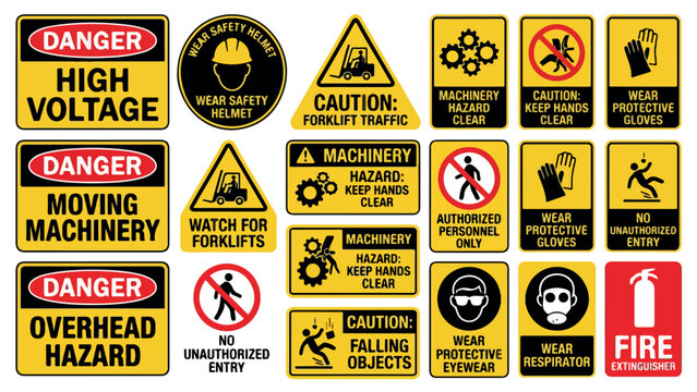 Industrial safety signs collection, caution and danger warning labels for workplace security, 18 vector elements for construction and factory sites isolated PNG with Transparent Background