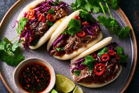 Steamed bao buns filled with braised meat and red cabbage on a ceramic plate in a vibrant macro shot for asian restaurant menu branding