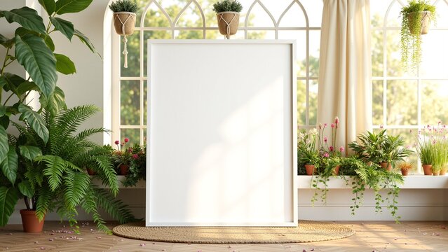The room is vacant and clean, with a single white door as the focal point. The natural light filters through the open window onto the plants.