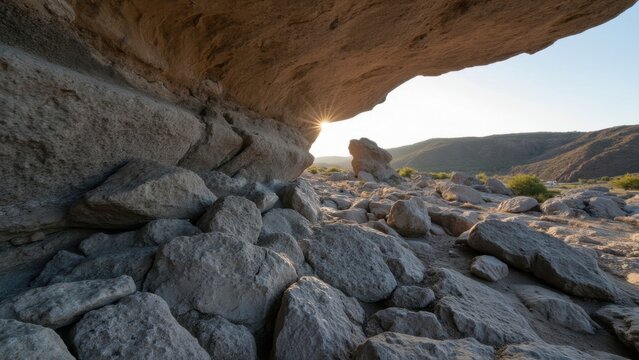 The image showcases a rock shelter located in mountainous terrain, characterized by an arid climate and rugged rocks. 