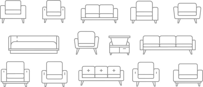 Set of sofa and armchair line icons featuring various seating furniture styles for interior design and home furnishing projects