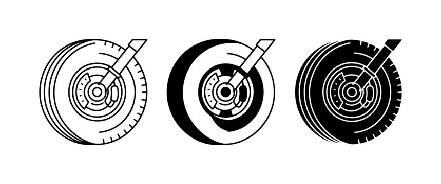 Automotive suspension system icons, car wheel with shock absorber vector, vehicle brake assembly