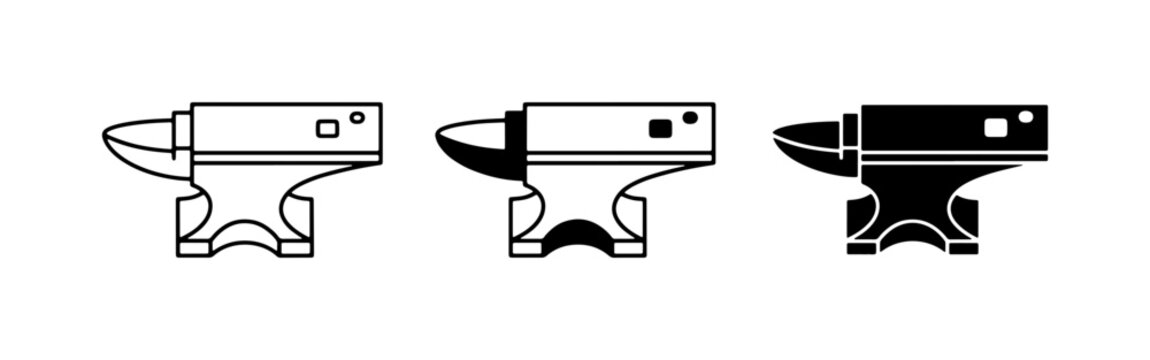 Blacksmith anvil vector icons, industrial metalwork tool set, minimalist forge equipment symbols