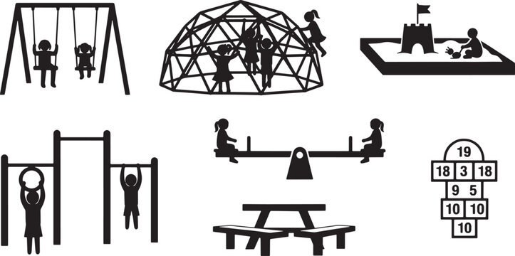 Children playing on playground equipment silhouettes including swings climbing dome sandbox seesaw monkey bars picnic table and hopscotch vector illustration