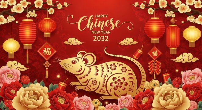 Chinese new year 2032 celebration with golden rat and lanterns illustration