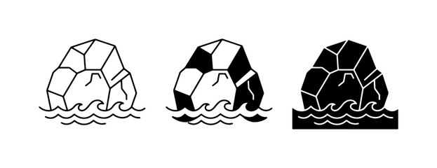Minimalist iceberg vector icons, floating ice mountain symbols, black and white arctic glacier set © Emon