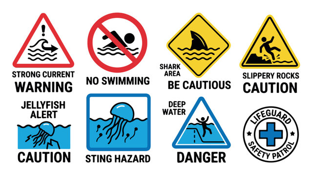 Beach safety warning signs vector set, coastal hazard alert icons, shark area and no swimming symbols, lifeguard patrol and deep water danger labels isolated PNG with Transparent Background