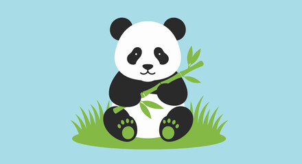 Cute cartoon panda eating bamboo leaves. © freya