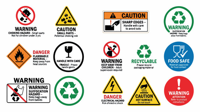 Industrial safety warning labels and packaging icons, 12 vector hazard signs for shipping, caution symbols for flammable and electrical danger isolated PNG with Transparent Background