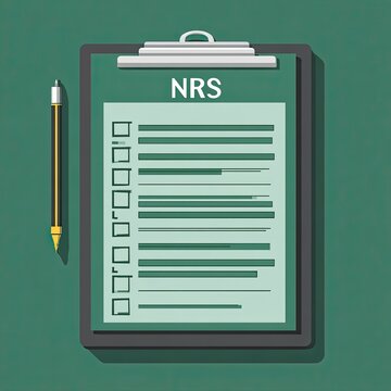 Flat vector top-down illustration with dark green background, showing NRS pain scale fixed on clipboard, golden automatic pencil placed beside, the scale has checkboxes corresponding to pain