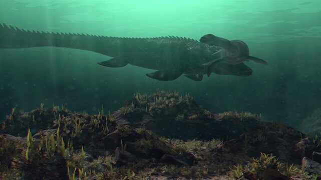 An epic underwater 3d animation of a struggle during the Cretaceous periodA massive Mosasaur hunts a long-necked Plesiosaur in deep prehistoric waters