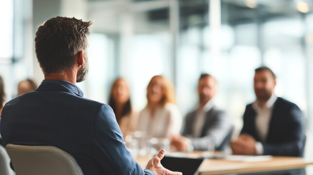 A focused business meeting with a speaker presenting ideas to engaged colleagues in a modern office setting.