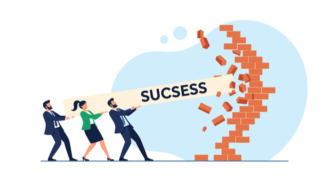 Corporate team using a battering ram labeled success to break through a brick wall representing overcoming obstacles and achievement.