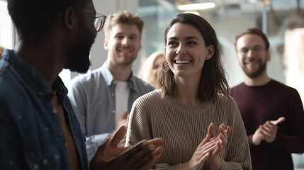 Obraz premium A group of happy colleagues applauding a speaker during a presentation in a modern office space, promoting teamwork and positivity.
