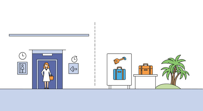 Hotel lobby or airport terminal scene showing a woman at an elevator and baggage handling services with suitcases and a palm tree.