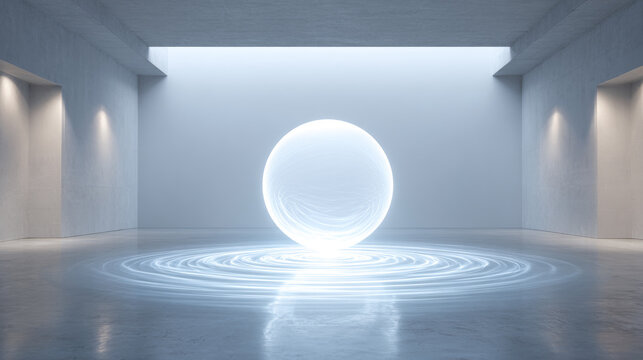Glowing sphere art installation in modern minimalist space - Generative AI