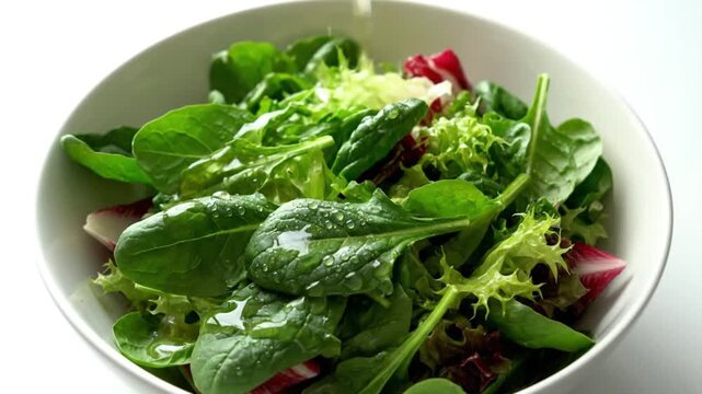 Pouring Vinaigrette Dressing onto Fresh Mixed Green Salad