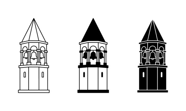 Bell Tower Icons, Historic Architecture Silhouettes, European Landmark Vector Set