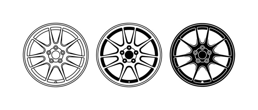 Car Wheel Rims Vector Icons, Automotive Alloy Wheels Set, Sporty Design Elements