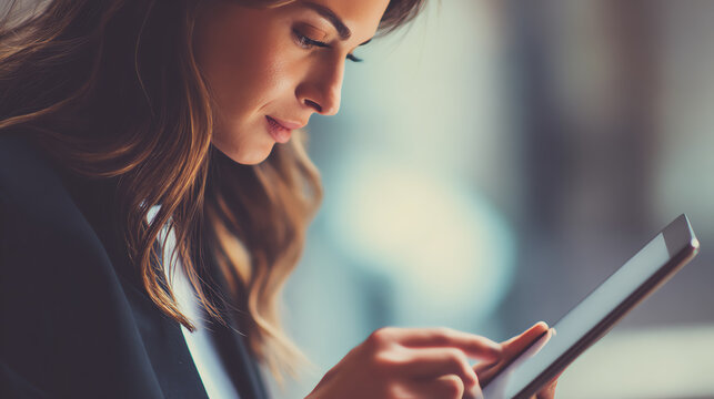 A professional woman focusing on her tablet, showcasing modern technology in a business setting.