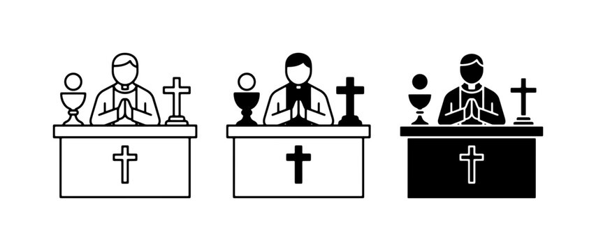 Priest at Altar Icons: Praying Clergy, Chalice, Cross, Catholic Mass Symbolism