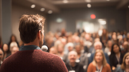 Fototapeta premium A speaker engages a large audience at a professional conference, highlighting the importance of communication in the workplace.