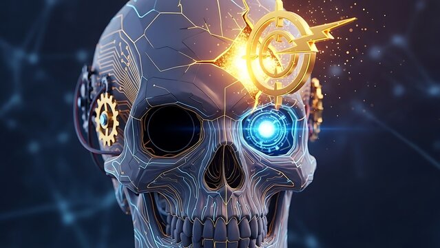 Cybernetic Skull with Glowing Eye and Gears.