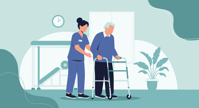 Nurse assisting elderly man with walker in rehabilitation center, healthcare concept