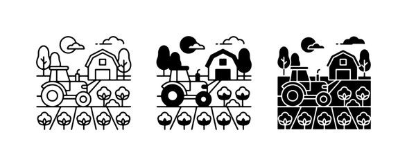 Farm Tractor Harvesting Cotton, Barn & Trees, Rural Landscape Icons Set © Towhidul
