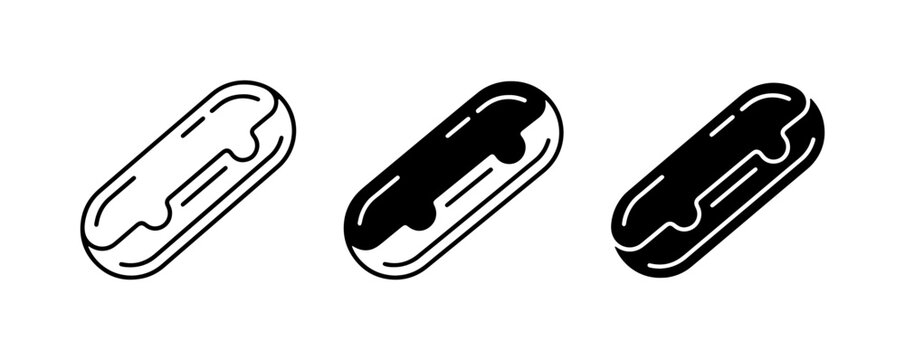 Eclair Icons Set, Chocolate Pastry Vector Graphics, Sweet Dessert Line Art Collection