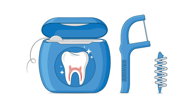 Essential dental hygiene tools including a container of floss, a blue floss pick, and an interdental brush for oral care.